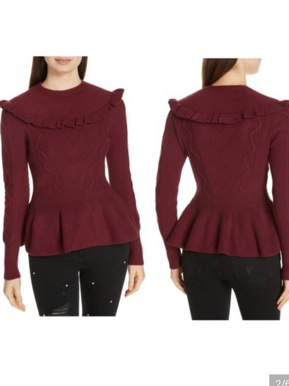 EUC Ted Baker London Elsahi Yoke Detail Peplum Sweater In Maroon Burgundy